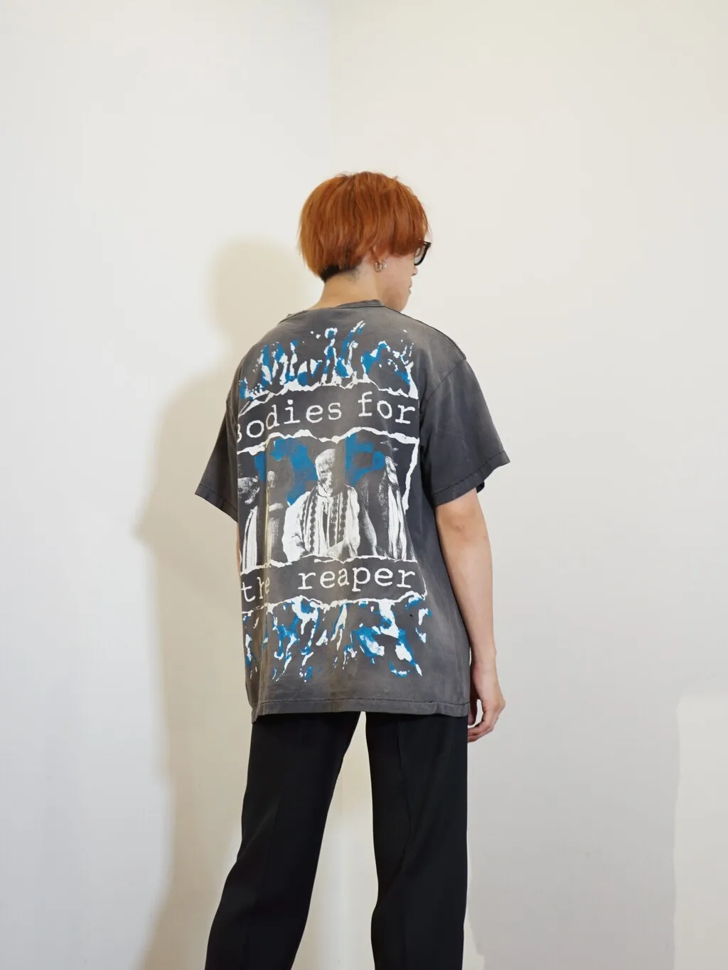 SAINT MICHAEL SS TEE/B FOR REAPER Jesus Hell's Angels Washed and Distressed Short Sleeves Washed Black S-XL Garment Dyed Printed Washed and Distressed